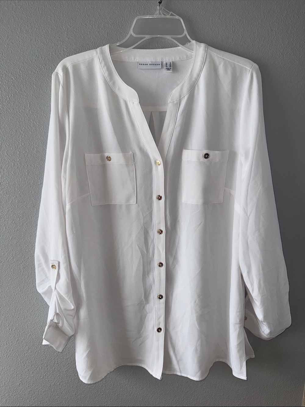 Susan Graver-White Button-Front Blouse with Patch Pockets-SZ L